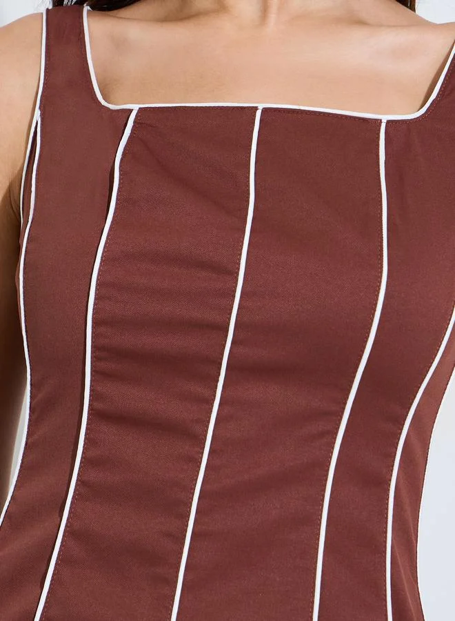 Styli  Brown Piping Detail Square Neck A-Line Midi Dress for Women | Best Price UAE