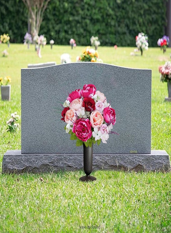 MHMJON Spring Cemetery Flowers for Grave, 2 Bundles 18'' Artificial Memorial Flowers for Gravesite, Fake Silk Peony Red Rose Purple Lavender Bouquet for Outdoor Decor Kitchen Table Wedding Centerpiece - Image 3