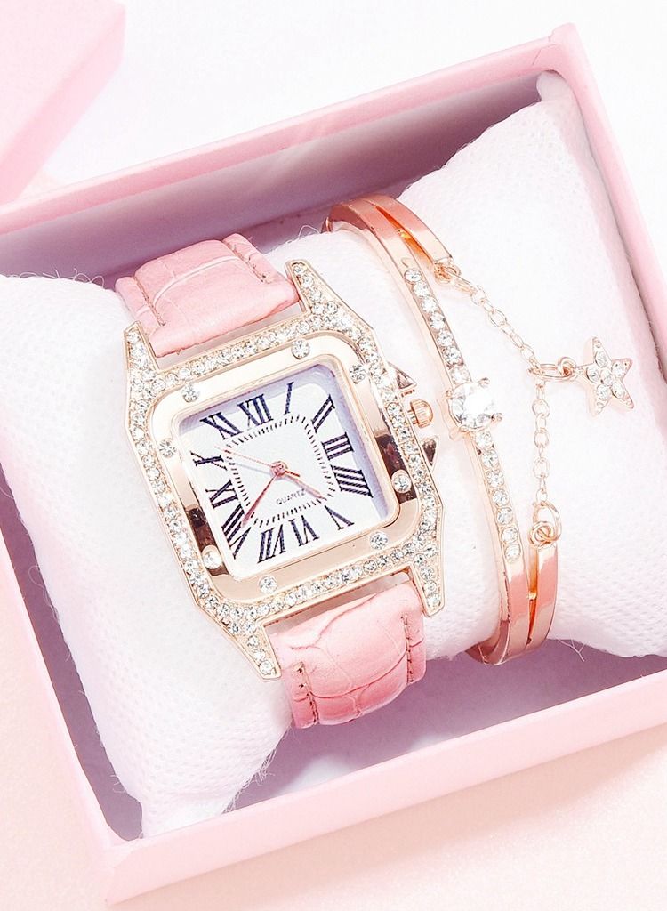 Fashionable bucket shaped square women's quartz watch with exquisite rhinestones on the dial, a two-piece set of watches and bracelets  - Image 1