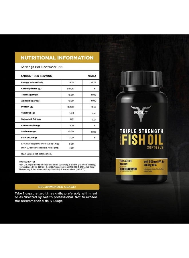 Bolt Nutrition Triple Strength Omega-3 Fish Oil 1300mg Capsules (60 Softgel Capsules) | 500mg EPA & 400mg DHA Fish oil - Image 5