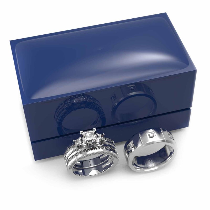 3pc Couples Wedding Ring Sets His And Hers Women Sterling Silve Moissanite and men Wedding Bands Together With Jewelry Box