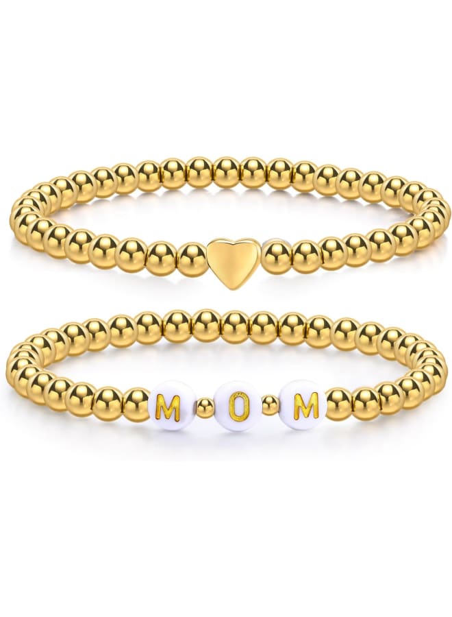 Trendy Gold Bracelets for Women : 2 Pcs 14k Gold Plated Stainless Steel Beaded Heart Mom/Daughter/Nana/ Mama/Sister Stacking Stretch Bracelets Jewelry Love Gifts for Mother's Day Graduation Birthday - Image 1