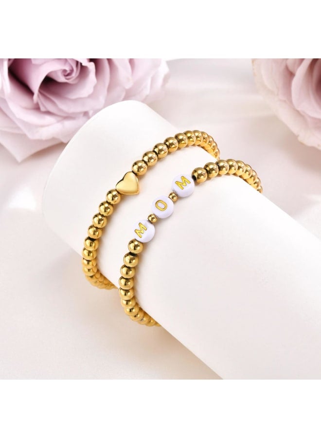Trendy Gold Bracelets for Women : 2 Pcs 14k Gold Plated Stainless Steel Beaded Heart Mom/Daughter/Nana/ Mama/Sister Stacking Stretch Bracelets Jewelry Love Gifts for Mother's Day Graduation Birthday - Image 3