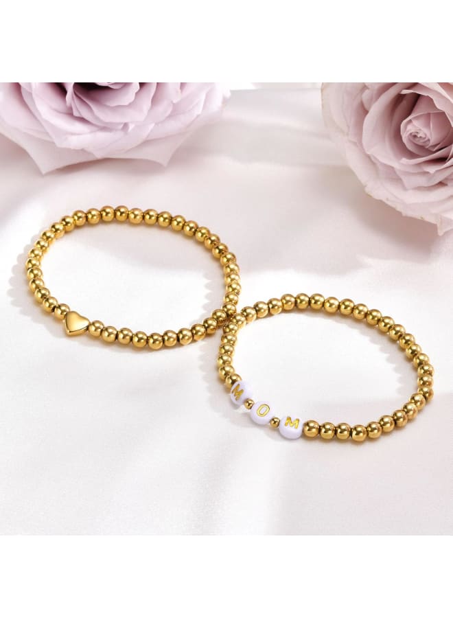 Trendy Gold Bracelets for Women : 2 Pcs 14k Gold Plated Stainless Steel Beaded Heart Mom/Daughter/Nana/ Mama/Sister Stacking Stretch Bracelets Jewelry Love Gifts for Mother's Day Graduation Birthday - Image 4