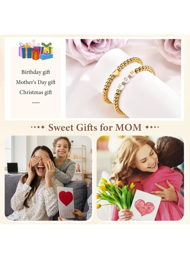 Trendy Gold Bracelets for Women : 2 Pcs 14k Gold Plated Stainless Steel Beaded Heart Mom/Daughter/Nana/ Mama/Sister Stacking Stretch Bracelets Jewelry Love Gifts for Mother's Day Graduation Birthday - Image 5