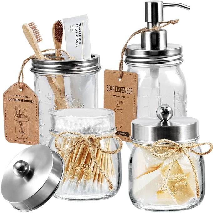 MASON JAR BATHROOM ACCESSORIES SET4 PCS LOTION SOAP DISPENSER 2 QTIP HOLDER TOOTHBRUSH HOLDERRUSTIC FARMHOUSE DECOR COUNTERTOP VANITY ORGANIZE BATHROOM HOME DECOR BRUSHED NICKEL