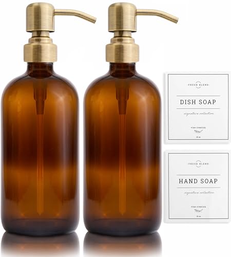 Vine Creations Amber Glass Soap Dispenser, 2 Pack Kitchen Soap Dispenser Set with Stainless Steel Pump, 16 oz Dish Soap and Hand Soap Dispensers for Bathroom with Waterproof Labels - Image 1