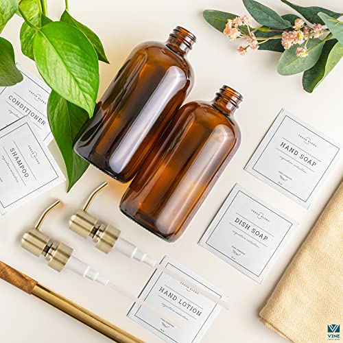 Vine Creations Amber Glass Soap Dispenser, 2 Pack Kitchen Soap Dispenser Set with Stainless Steel Pump, 16 oz Dish Soap and Hand Soap Dispensers for Bathroom with Waterproof Labels - Image 5