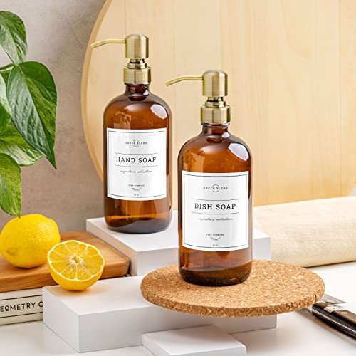 Vine Creations Amber Glass Soap Dispenser, 2 Pack Kitchen Soap Dispenser Set with Stainless Steel Pump, 16 oz Dish Soap and Hand Soap Dispensers for Bathroom with Waterproof Labels - Image 3
