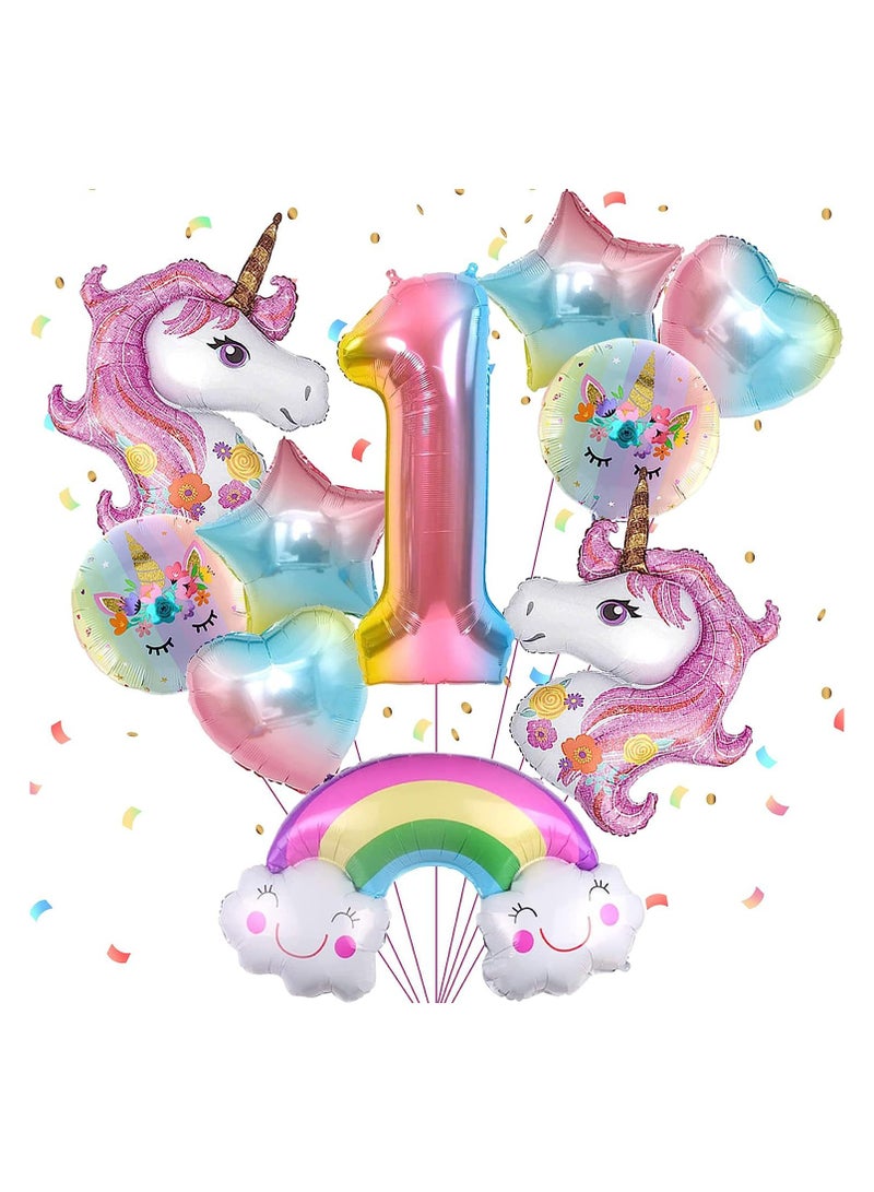 Unicorn Birthday Decorations for Girls, 10Pcs Unicorn Balloons Set with Rainbow, Heart, Star and Number 1 Foil Balloons for 1th Birthday Party Decorations