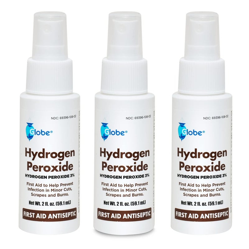 Globe 3 Pack Globe Hydrogen Peroxide 3 First Aid Antiseptic Topical Solution USP Spray Bottle 2 Fl Oz Convenient Pump Spray Bottle - Image 1