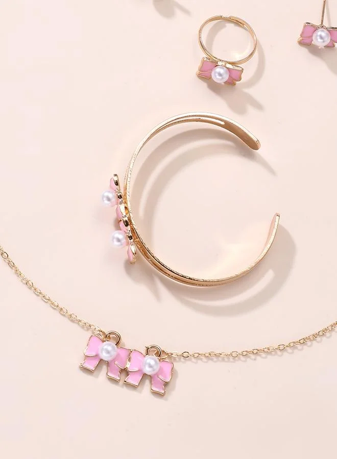 Set of 5 - Pink Bow And Pearl Jewelry Set