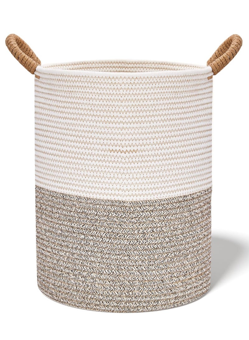 Beauenty Rope Woven Laundry Basket, 42L Woven Rope Storage Basket with Handles for Clothes Blanket Storage, Large Tall Laundry Hamper for Blankets, Dirty Clothes, Toys and Shoes (Light Brown  White)  - Image 1