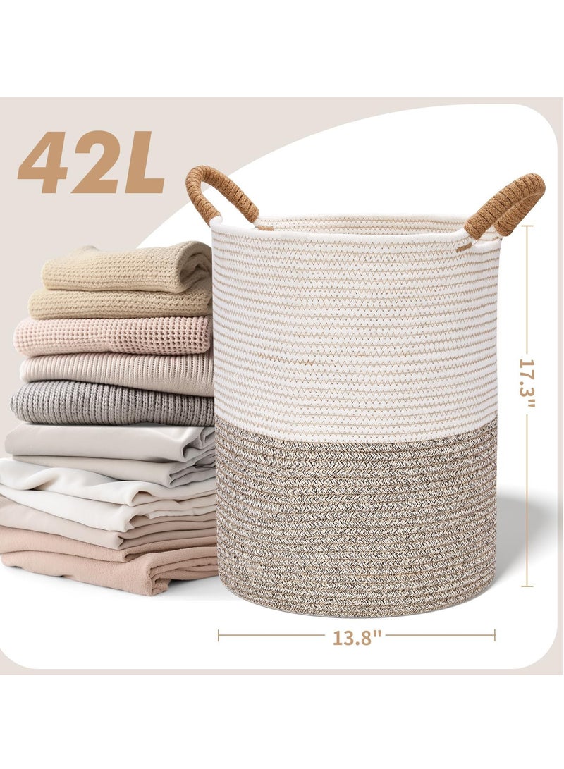Beauenty Rope Woven Laundry Basket, 42L Woven Rope Storage Basket with Handles for Clothes Blanket Storage, Large Tall Laundry Hamper for Blankets, Dirty Clothes, Toys and Shoes (Light Brown  White)  - Image 5