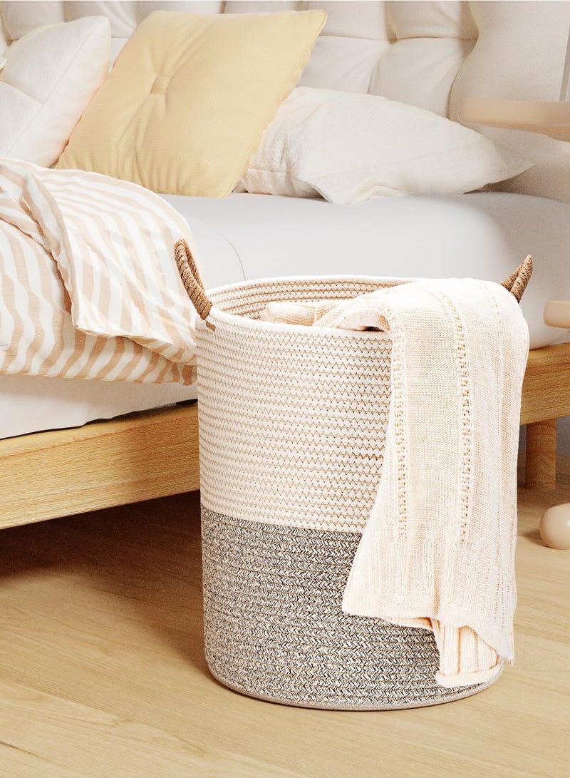Beauenty Rope Woven Laundry Basket, 42L Woven Rope Storage Basket with Handles for Clothes Blanket Storage, Large Tall Laundry Hamper for Blankets, Dirty Clothes, Toys and Shoes (Light Brown  White)  - Image 2