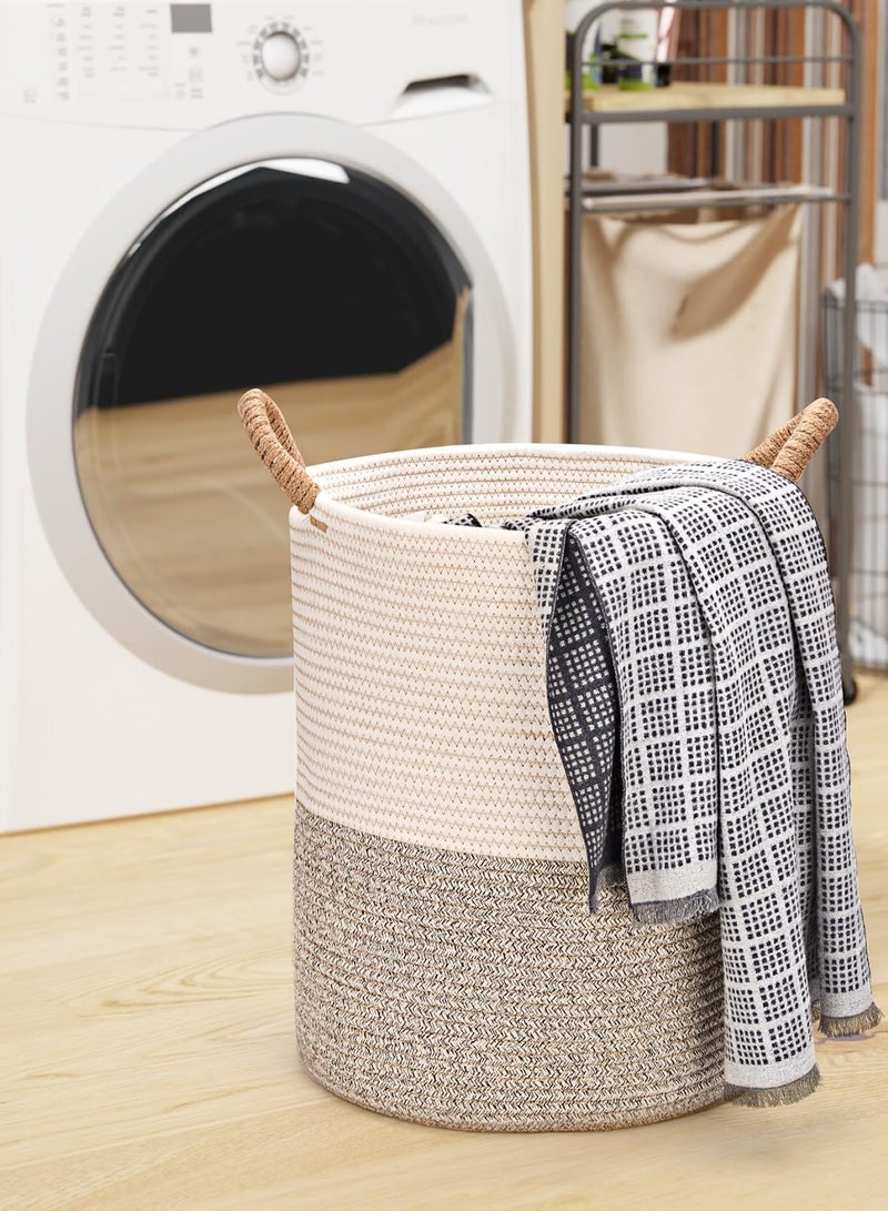 Beauenty Rope Woven Laundry Basket, 42L Woven Rope Storage Basket with Handles for Clothes Blanket Storage, Large Tall Laundry Hamper for Blankets, Dirty Clothes, Toys and Shoes (Light Brown  White)  - Image 4