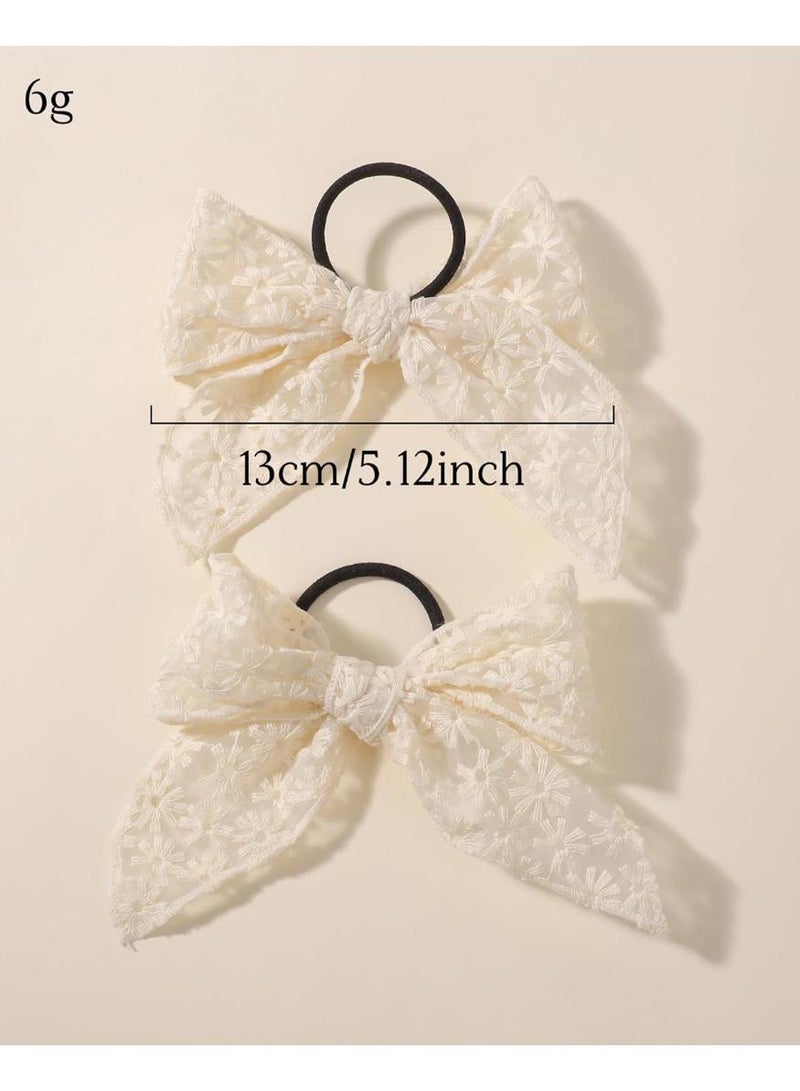 KHAJUL 2PCS 15cm Floral Embroidered Hair Bows, Large Elastic Scrunchies with Bow Design, Hair Accessories for Women (Beige) - Image 3