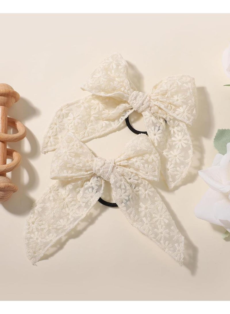 KHAJUL 2PCS 15cm Floral Embroidered Hair Bows, Large Elastic Scrunchies with Bow Design, Hair Accessories for Women (Beige) - Image 5