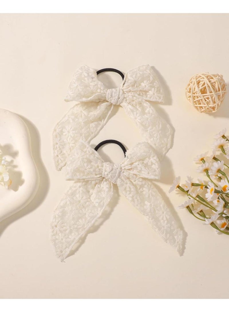 KHAJUL 2PCS 15cm Floral Embroidered Hair Bows, Large Elastic Scrunchies with Bow Design, Hair Accessories for Women (Beige) - Image 2