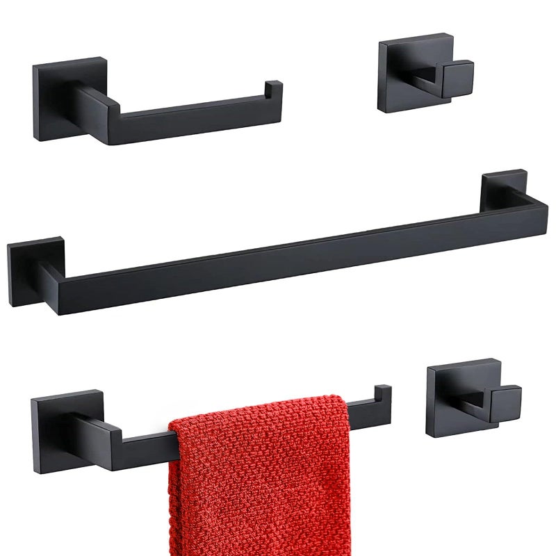 TURS Black Bathroom Towel Bar Set Square 5 Pieces Bathroom Hardware Set Matte Black Towel Holder Set Wall Mounted,SUS304 Stainless Steel, 23.6 Inch - Image 1