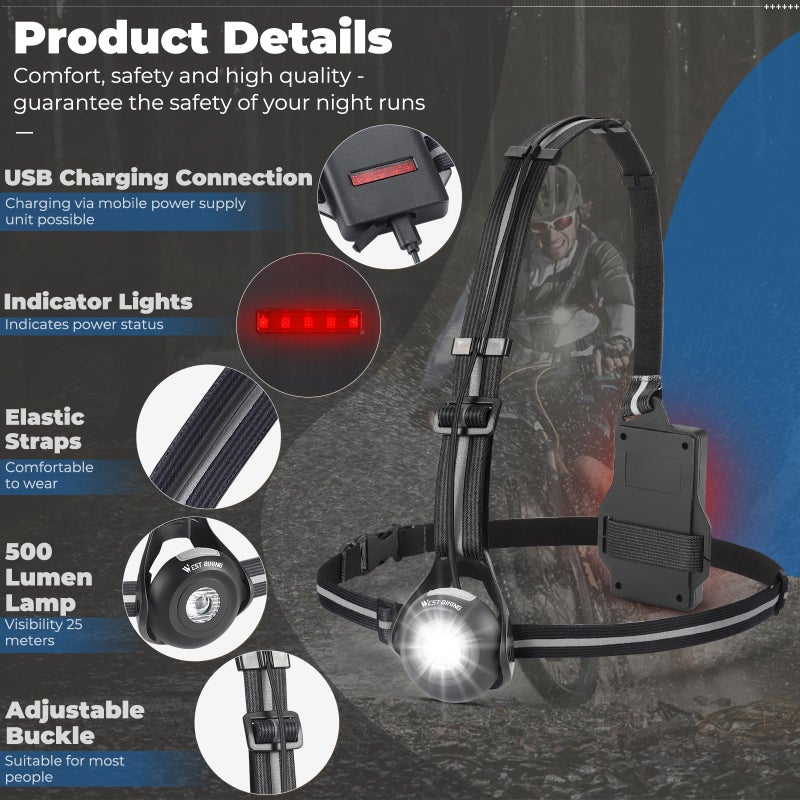 West Biking Night Running Lights, USB Rechargeable Chest Light with 90Â° Adjustable Beam Angle, 500 Lumens Waterproof Ultra Bright SafetyLamp with Reflective Straps for Runner - Image 3