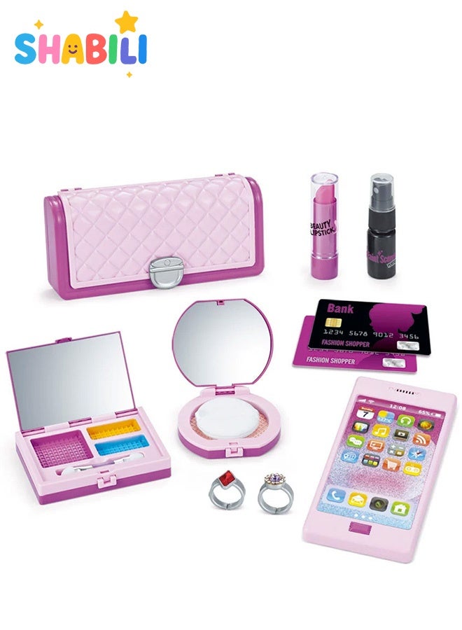 SHABILI Girls Makeup & Purse Pretend Play Set – 10PCS Toy Kit with Compact Powder, Eyeshadow, Phone – Gift for Kids Age 3+ - Image 1