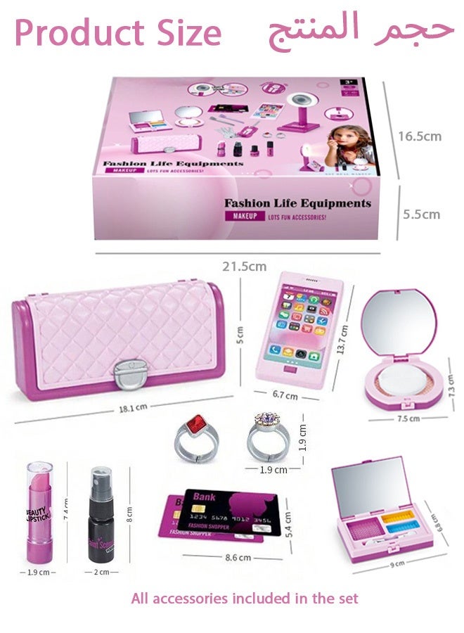 SHABILI Girls Makeup & Purse Pretend Play Set – 10PCS Toy Kit with Compact Powder, Eyeshadow, Phone – Gift for Kids Age 3+ - Image 2