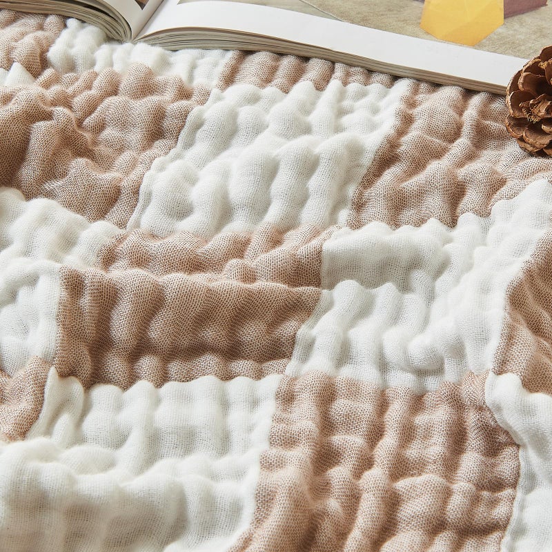 EMME Checkered Throw Blanket Cooling Cotton Blanket for Couch Soft Muslin Blankets 50"x60" Lightweight Breathable Cooling Soft All Season Gauze, Light Tan - Image 5