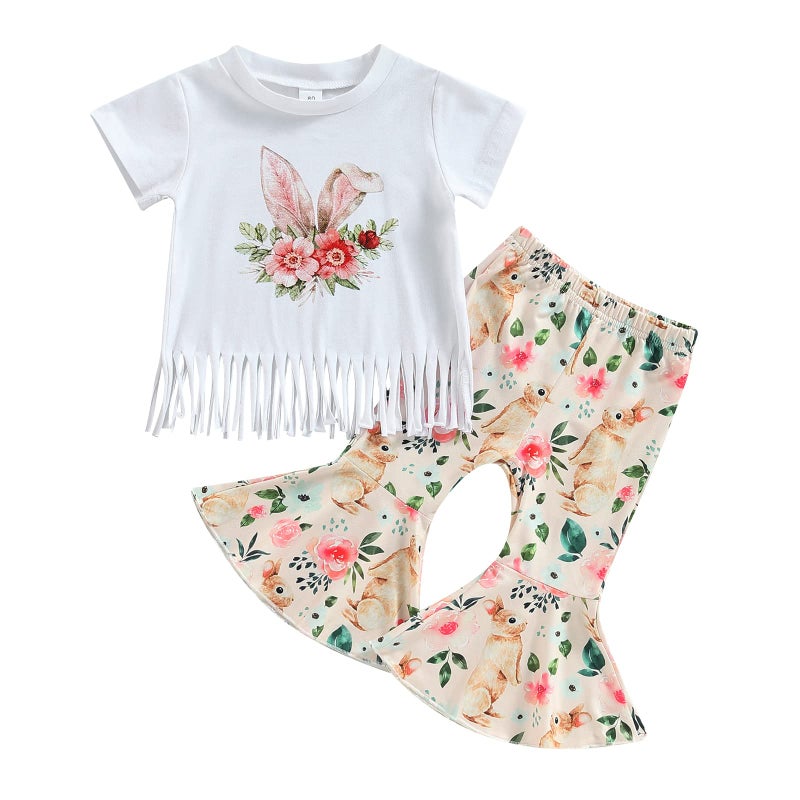 wybzd Toddler Baby Girl Easter Outfit Bunny Rabbit Short Sleeve T-Shirt Tops Bell-Bottom Flared Pants Sets Clothes (Bunny Tassels Pant Set,2-3T) - Image 1