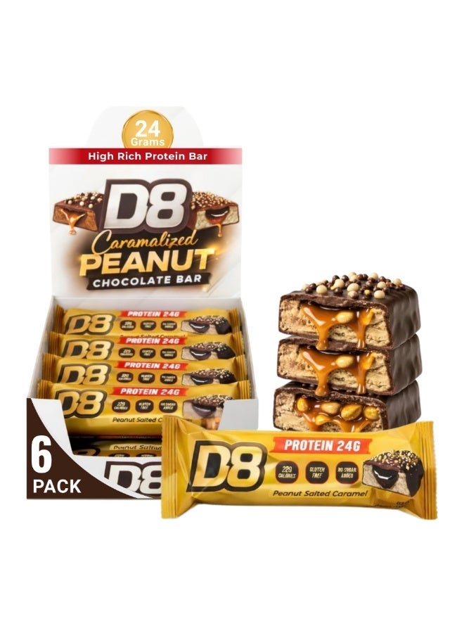 D8 Protein Chocolate Bar Peanut Salted Caramel | 24g Protein Per Bar | No Added Sugar | Gluten Free | Low Calorie | 60g Each | Nutrition Bars for Men & Women | Pack of 6 - Image 1