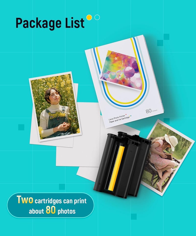 Liene Photo Printer Paper & Cartridge, 2 Ink Cartridges Refill & 80 sheets photo papers, 4x6", Dye Sublimation, Water & Oxidation-Proof, Compatible w/Liene Printer, for Display, Framing, Scrapbook - Image 4