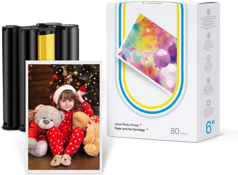 Liene Photo Printer Paper & Cartridge, 2 Ink Cartridges Refill & 80 sheets photo papers, 4x6", Dye Sublimation, Water & Oxidation-Proof, Compatible w/Liene Printer, for Display, Framing, Scrapbook - Image 1