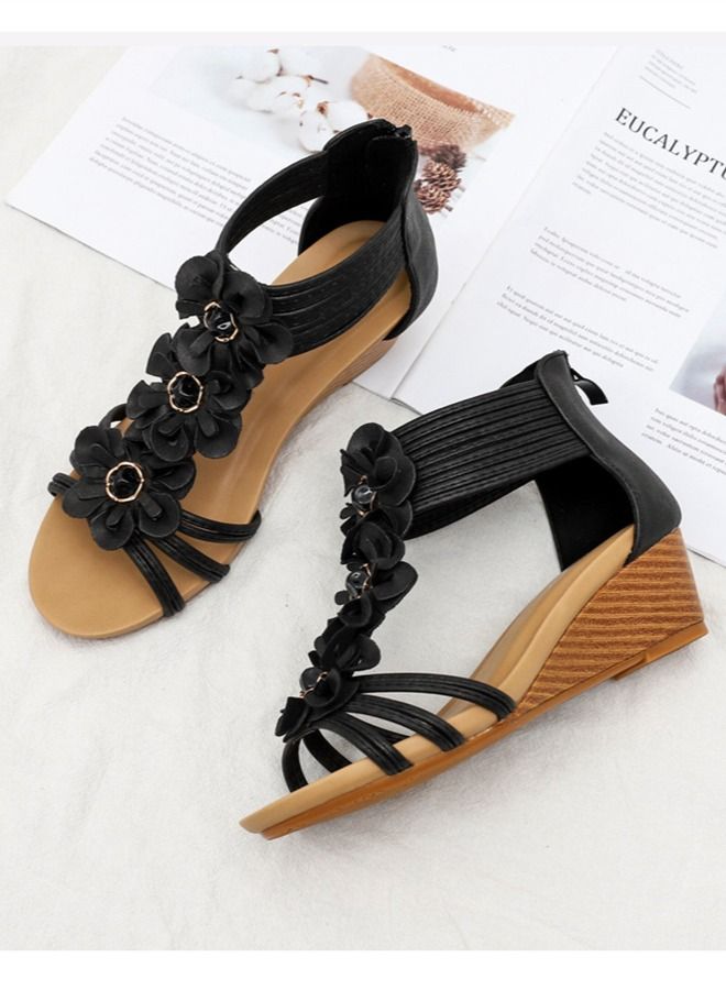 Loquat Ethnic Flower Wedge Heel Sandals 5CM Black  - Image 3