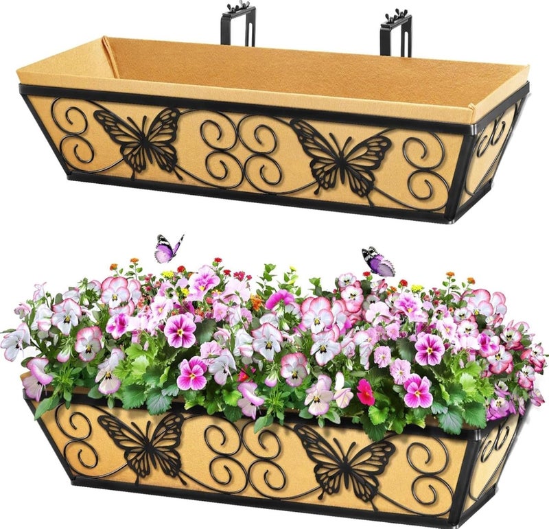 Karlliu 2 Pack 24 Inch Window Boxes Planters Railing Planter Box with Adjustable Brackets for Porch Fence Patio Balcony Hanging Flower Baskets with Woven Fabric for Outdoor Garden Decor - Black - Image 1