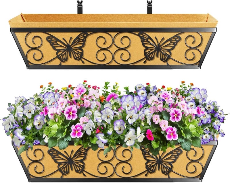 Karlliu 2 Pack 24 Inch Window Boxes Planters Railing Planter Box with Adjustable Brackets for Porch Fence Patio Balcony Hanging Flower Baskets with Woven Fabric for Outdoor Garden Decor - Black - Image 5