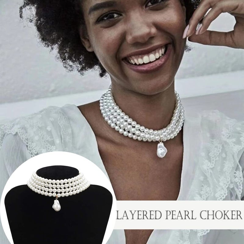 EIELO 16 Pcs Artificial Pearl Necklace Earrings Set for Women Simulated Pearl Bracelet Choker Faux Pearl Necklace Dangle Earrings Jewelry Set - Image 2