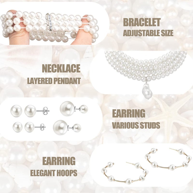 EIELO 16 Pcs Artificial Pearl Necklace Earrings Set for Women Simulated Pearl Bracelet Choker Faux Pearl Necklace Dangle Earrings Jewelry Set - Image 4