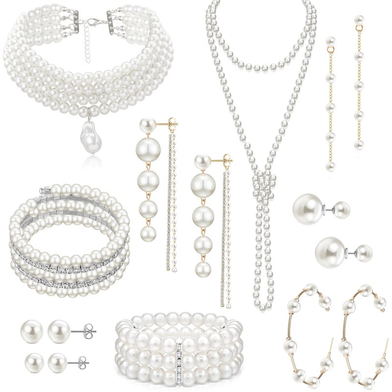 EIELO 16 Pcs Artificial Pearl Necklace Earrings Set for Women Simulated Pearl Bracelet Choker Faux Pearl Necklace Dangle Earrings Jewelry Set - Image 1