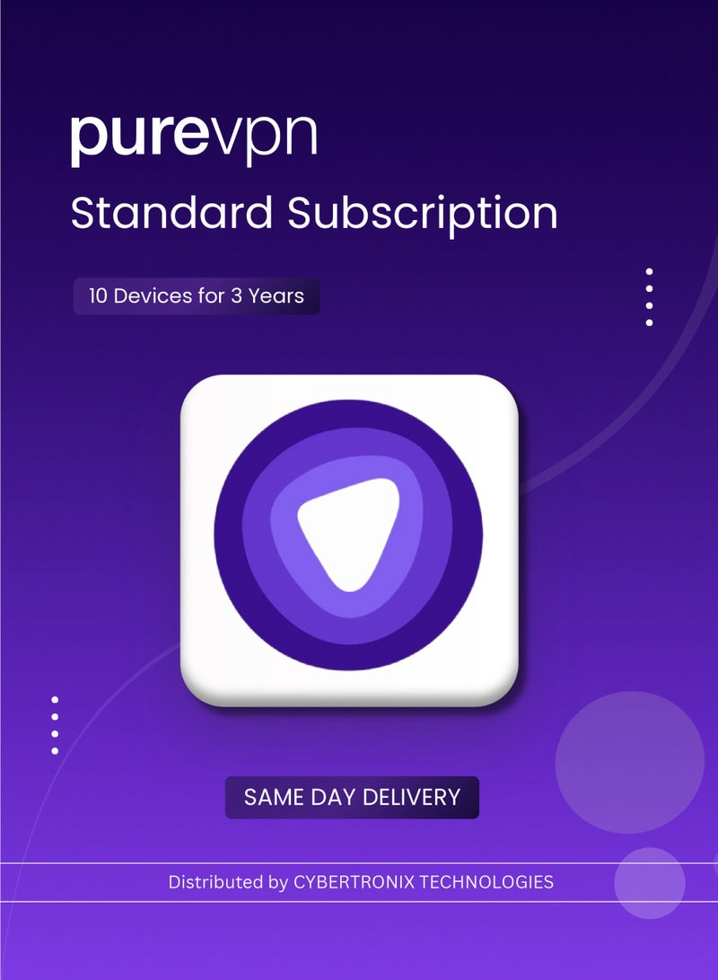 اشتراك PureVPN القياسي | 10 أجهزة لمدة 3 سنوات | ترخيص رقمي | توصيل في نفس اليوم