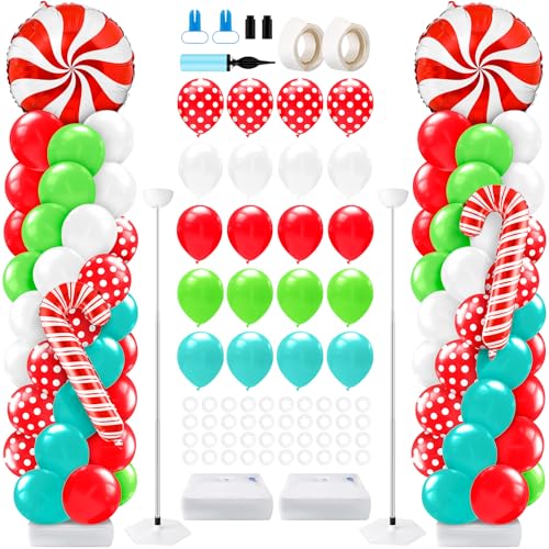 Kasyat 2 Sets Christmas Balloon Column Stand Kit with 4d Candy Cane Balloons 100 Red Teal Green Latex Arch Kit for Floor for Holiday Decorations - Image 1