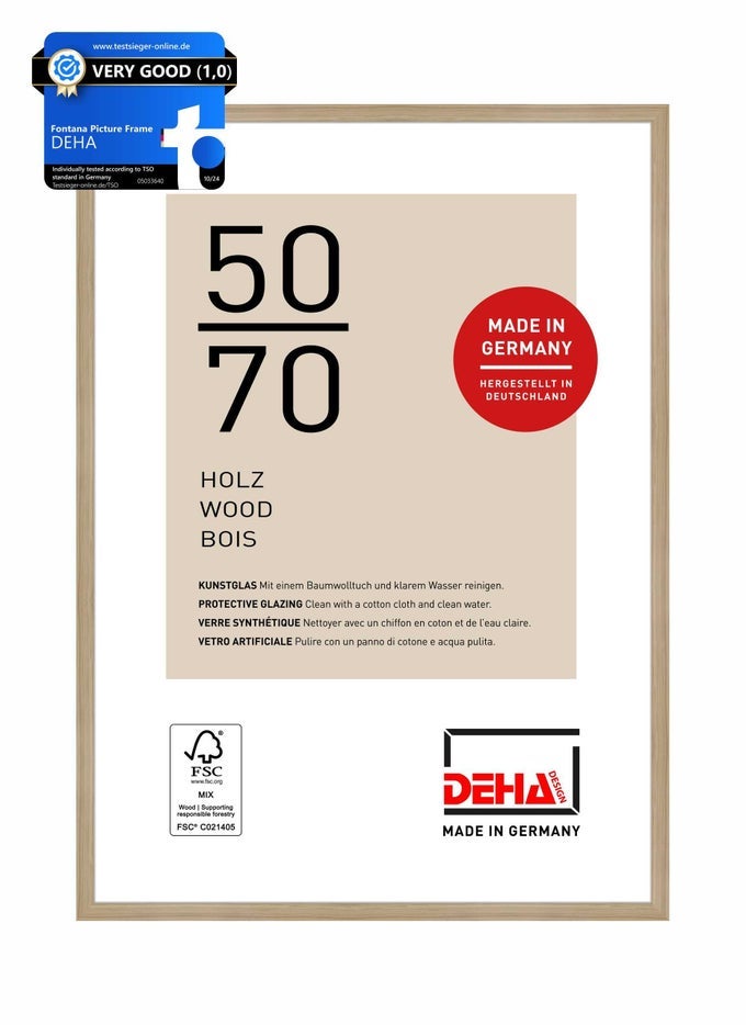 FONTANA WOODEN PICTURE FRAME OAK 50X70CM WITH PUSH AND TURN CLIPS