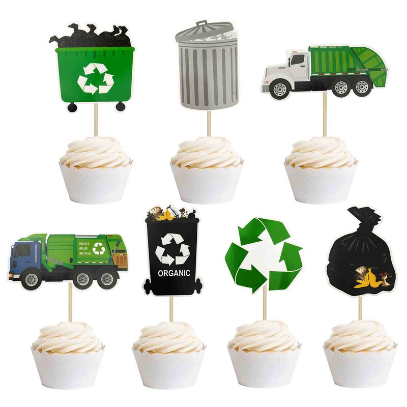 MUMULULU Garbage Truck Birthday Party Supplies Garbage Truck Cupcake Toppers for Trash Truck Waste Management Recycling Party Supplies - Image 1