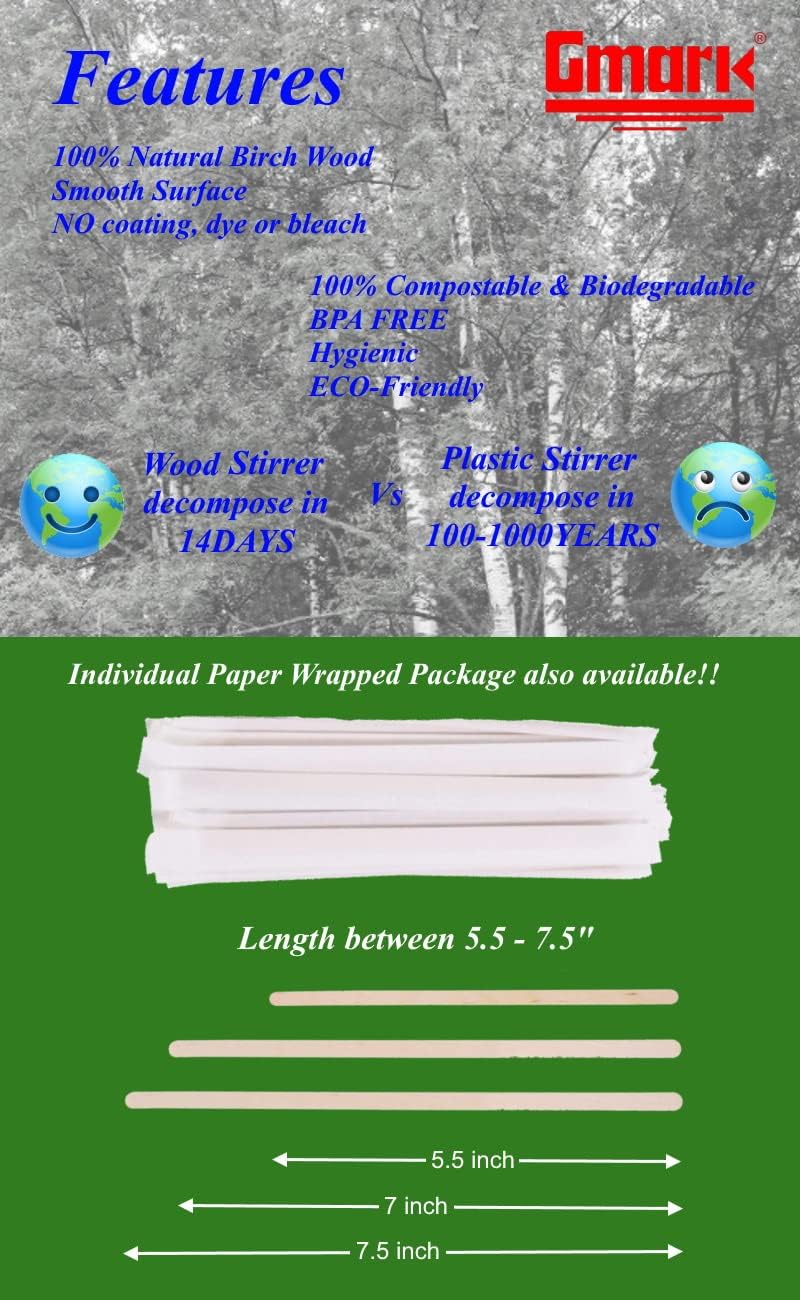 Gmark عصي تحريك القهوة من جيمارك 75 بطول 190 مم وعرض 6 مم وسمك 1.8 مم 1000 قطعة نهاية دائرية صديقة للبيئة لتحريك القهوة من الخشب للمشروبات الساخنة - خشب البتولا الطبيعي GM1117 - Image 4