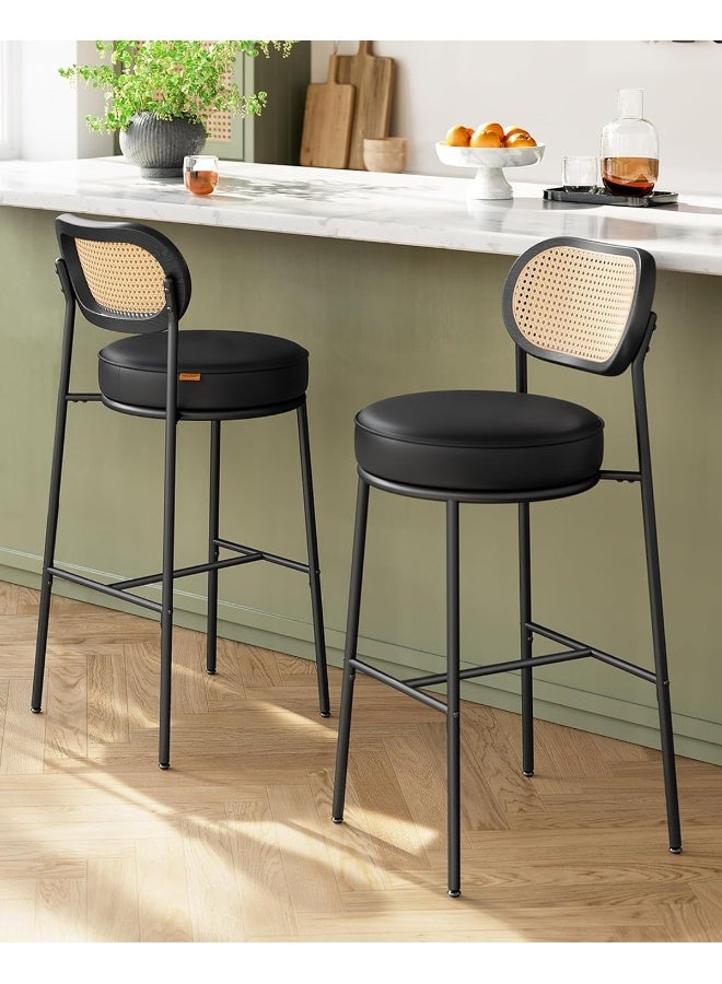 VASAGLE Bar Stools Set of 2, Bar Height Stools with Rattan Back and Metal Legs, 30.1-Inch Tall Counter Chairs, Modern Leather Upholstered Barstools for Kitchen Island Dining Room, Ink Black - Image 1