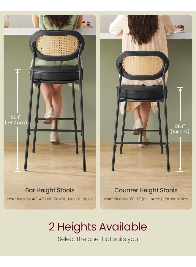 VASAGLE Bar Stools Set of 2, Bar Height Stools with Rattan Back and Metal Legs, 30.1-Inch Tall Counter Chairs, Modern Leather Upholstered Barstools for Kitchen Island Dining Room, Ink Black - Image 2