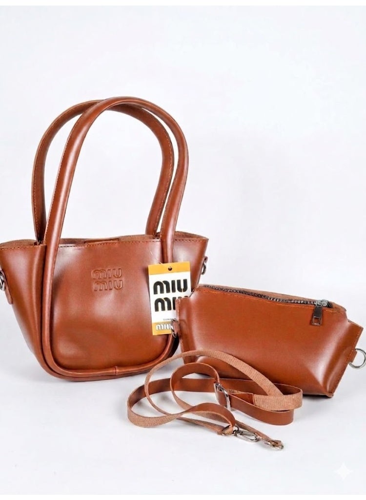Miu Miu 2-in-1 Leather Handbag Set with Matching Pouch - Brown