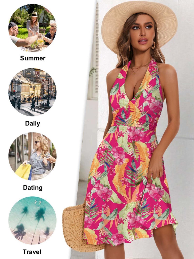 HUHOT Spring Easter Hawaiian Plus Size Sun Dress Boho Dresses Halter Sundress Beach Wedding Guest Ladies Vacation Tummy Control Colorful Flowers Resort Wear for Women Tropical Summer Wrap Casual - Image 4