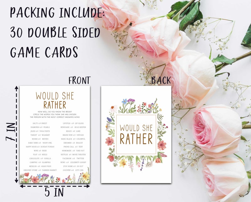 KFNER Wildflowers Wedding Shower Games, Would She Rather Bridal Shower Games Cards, Spring Flowers Bachelorette Party Game Ideas, Engagement Party Supplies & Activity, Set of 30 Cards -A05 - Image 2