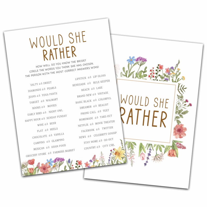 KFNER Wildflowers Wedding Shower Games, Would She Rather Bridal Shower Games Cards, Spring Flowers Bachelorette Party Game Ideas, Engagement Party Supplies & Activity, Set of 30 Cards -A05 - Image 1