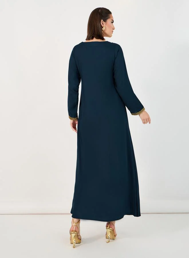 Styli Styli Neck Embroidery Flared Jalabiya